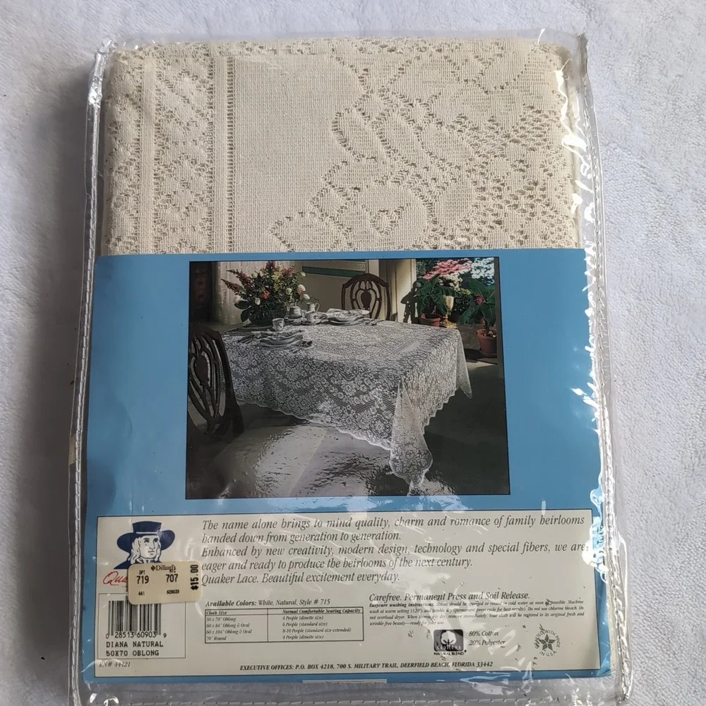 New Quaker Lace Tablecloth Diana Natural 50x70 Oblong Vintage Floral Cotton NOS